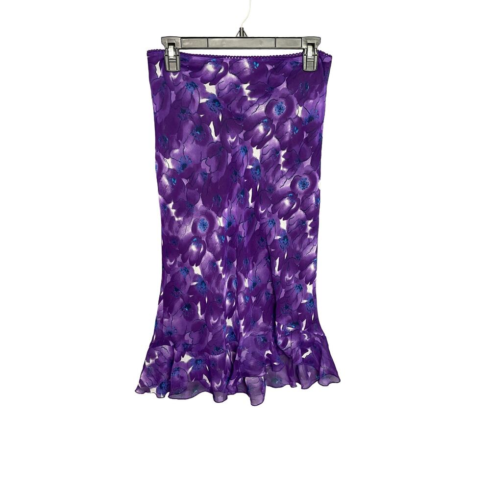 Y2K Vintage Purple Floral Lace Trim Midi Skirt Size Small Feminine 2000s Glam